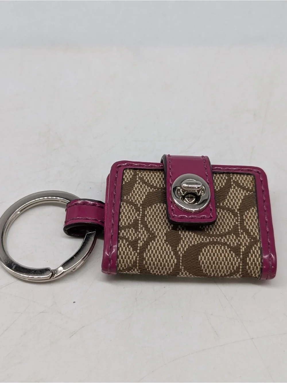Coach Brown Signature Key chain photo locket with Pink Patent Trim